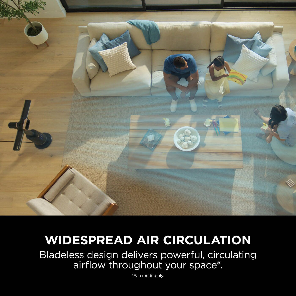 Shark TurboBlade Cool + Heat – Charcoal – air circulation in a living room